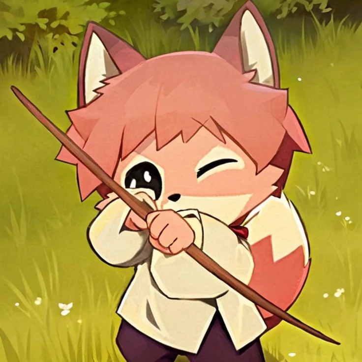 Pink fox, pink tail, fox male, white shirt, purple short, black eyes, bow, mad
