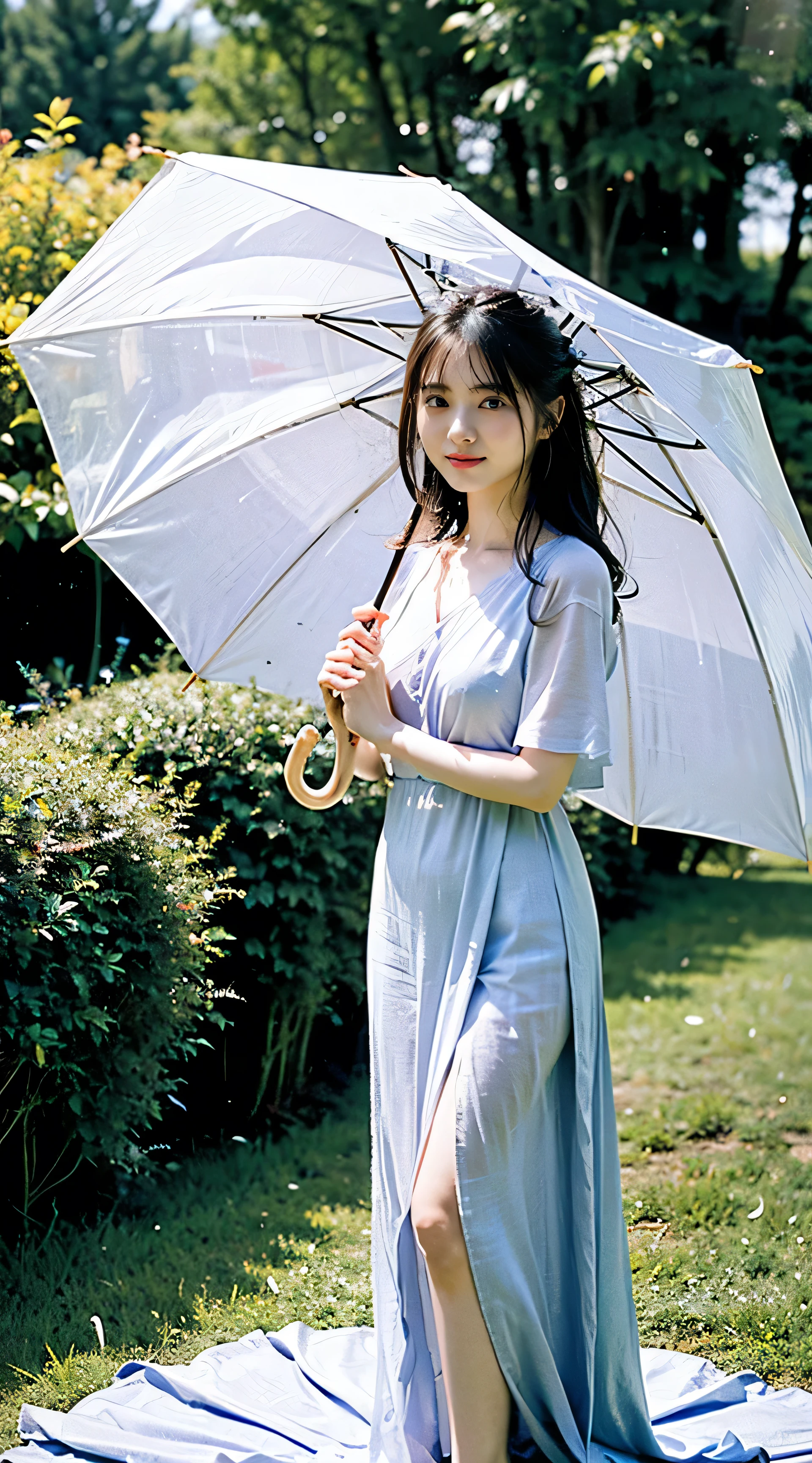 (8k、RAW Photos、highest quality、masterpiece:1.2)、(Realistic、Realistic)、1 girl、Dresses for summer、Holding an umbrella、Full body shot、Lots of eyelashes、Add shine to your eyelids、skeletally correct、Sweaty body、Beautifully trimmed fingertips、smile、Wet day、garden