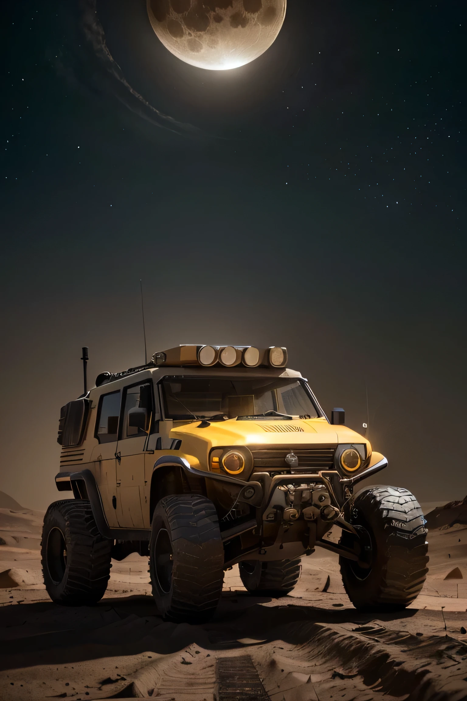 Realistic photograph of a retro-futuristic lunar rover, fully armored with riveted metal plates, on the surface of the moon. The rover has robust, industrial shapes with a rugged, imposing design. The body is covered in polished metallic panels, showcasing visible rivets and welds, exuding a sense of strength and durability. The vehicle features a striking yellow paint with reflective metallic accents, enhancing its industrial look. The windows are small and reinforced with tinted glass, designed to withstand the harsh lunar environment. The large, heavy-duty wheels are built for traversing rough lunar terrain. The background shows the desolate, cratered surface of the moon with the Earth visible in the distance, illuminated by the stark, bright sunlight. Captured with a Canon camera, aperture f/2.8, high shutter speed to capture the static elements, dramatic lighting to emphasize the metallic surfaces and industrial details