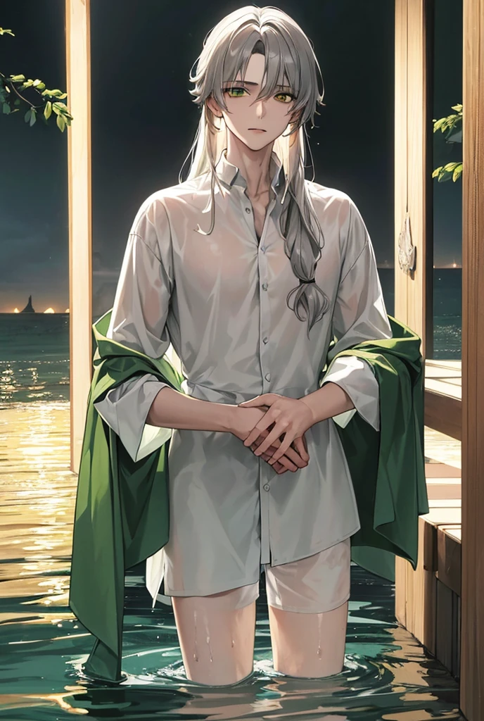 20-year-old boy with very light gray hair, long hair, white skin, thin. Golden amber eyes, with fine features. Fine face, beautiful face. With a worn, wet and transparent green shirt, collarless green shirt. With your gaze upward. Inside the sea, floating in the water, crystal clear water, sunset.