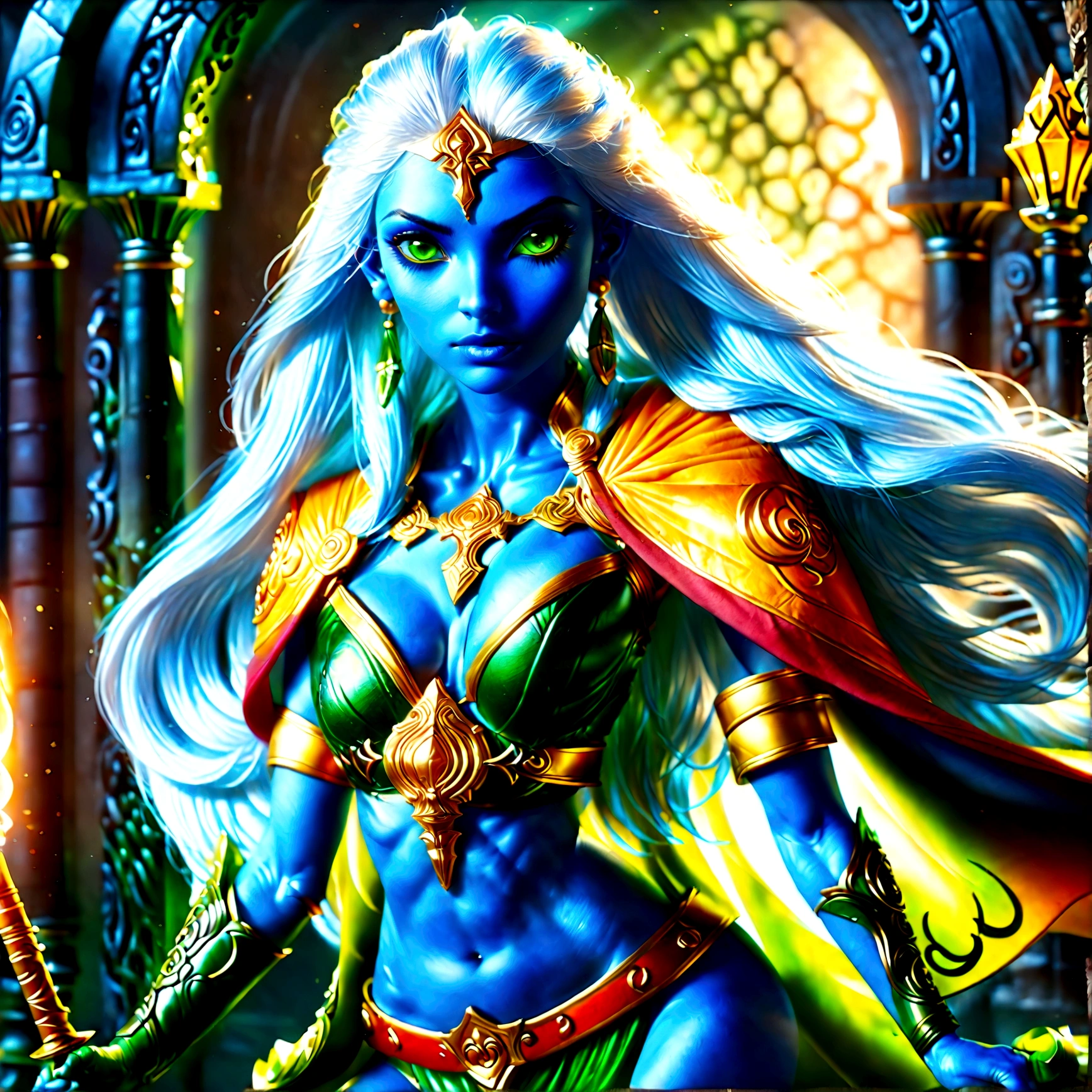 fantasy art, dnd art, RPG art, wide shot, (masterpiece: 1.4) a (portrait: 1.3) intense details, highly detailed, photorealistic, best quality, highres, portrait a female (fantasy art, Masterpiece, best quality: 1.3) ((blue skin: 1.5)), intense details facial details, exquisite beauty, (fantasy art, Masterpiece, best quality) cleric, (blue: 1.3) skinned female, white hair, long hair, (hair hides ears: 1.5), (green: 1.3) eye, fantasy art, Masterpiece, best quality) armed a fiery sword red fire, wearing heavy (white: 1.3) half plate mail armor, wearing high heeled laced boots, wearing an(orange :1.3) cloak, wearing glowing holy symbol GlowingRunes_yellow, within fantasy temple background, reflection light, high details, best quality, 16k, [ultra detailed], masterpiece, best quality, (extremely detailed), close up, ultra wide shot, photorealistic, RAW, fantasy art, dnd art, fantasy art, realistic art,((best quality)), ((masterpiece)), (detailed), perfect face, colouredglazecd_xl