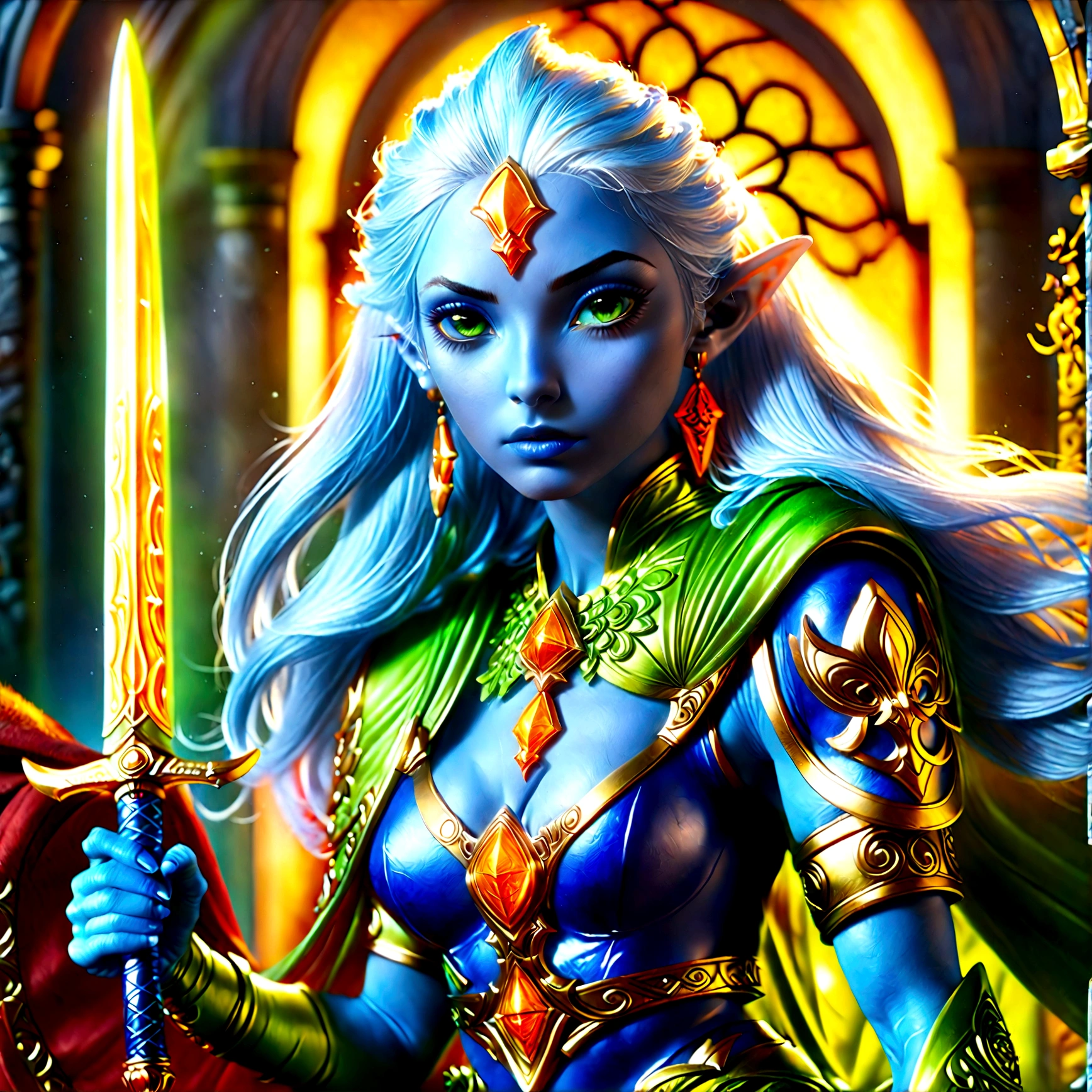fantasy art, dnd art, RPG art, wide shot, (masterpiece: 1.4) a (portrait: 1.3) intense details, highly detailed, photorealistic, best quality, highres, portrait a female (fantasy art, Masterpiece, best quality: 1.3) ((blue skin: 1.5)), intense details facial details, exquisite beauty, (fantasy art, Masterpiece, best quality) cleric, (blue: 1.3) skinned female, white hair, long hair, (hair hides ears: 1.5), (green: 1.3) eye, fantasy art, Masterpiece, best quality) armed a fiery sword red fire, wearing heavy (white: 1.3) half plate mail armor, wearing high heeled laced boots, wearing an(orange :1.3) cloak, wearing glowing holy symbol GlowingRunes_yellow, within fantasy temple background, reflection light, high details, best quality, 16k, [ultra detailed], masterpiece, best quality, (extremely detailed), close up, ultra wide shot, photorealistic, RAW, fantasy art, dnd art, fantasy art, realistic art,((best quality)), ((masterpiece)), (detailed), perfect face, colouredglazecd_xl