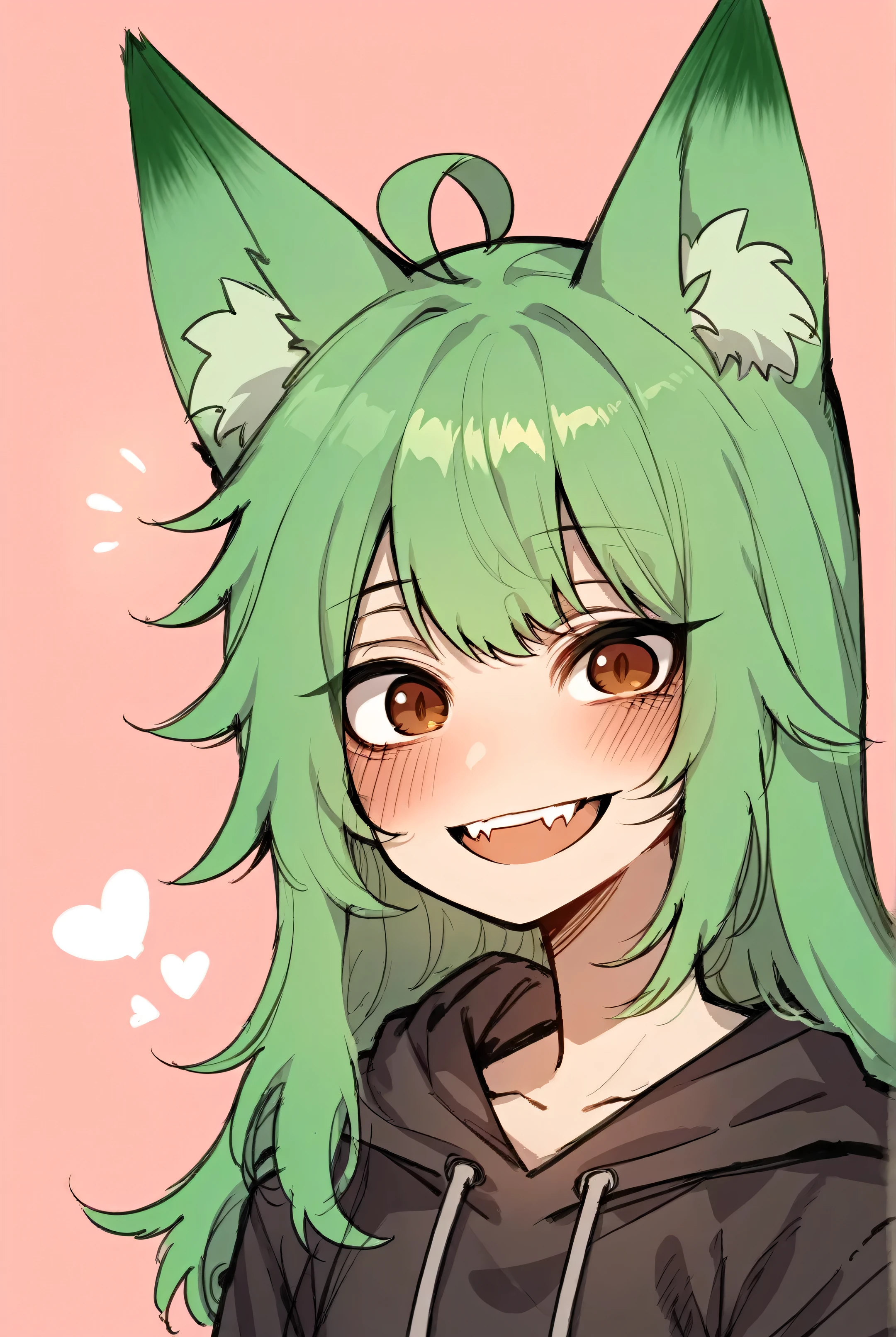 score_9,score_8_up,score_7_up,score_6_up,score_5_up,score_4_up rating_safe, 1girl,solo,long hair,looking at viewer,blush,smile,open mouth,bangs,simple background,animal ears,brown eyes,tail,upper body,ahoge,:d,heart,green hair,hood,animal ear fluff,fox ears,hoodie,fox tail,fangs,wolf ears,hood down,fox girl,black hoodie,green tail
