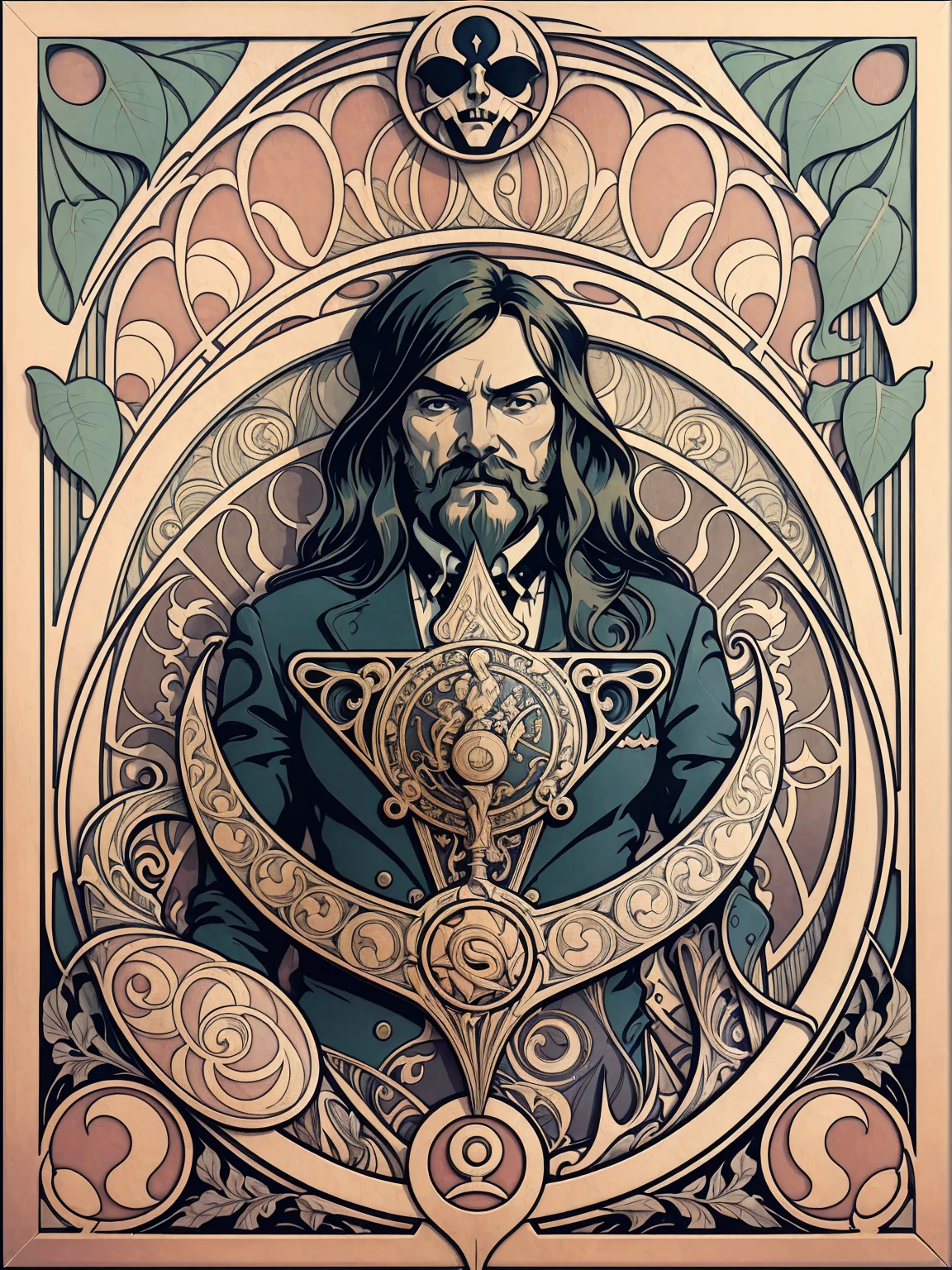 ((Art Nouveau Style)); Portrait of Lemmy Kilmister as The King of Spades; symmetrical with thick lines, Fibonacci, golden ratio, 3D metal structure tessellation, neural graphic, neurons, color, love, passion, incredibly detailed, 8k, masterpiece, artstation, surreal