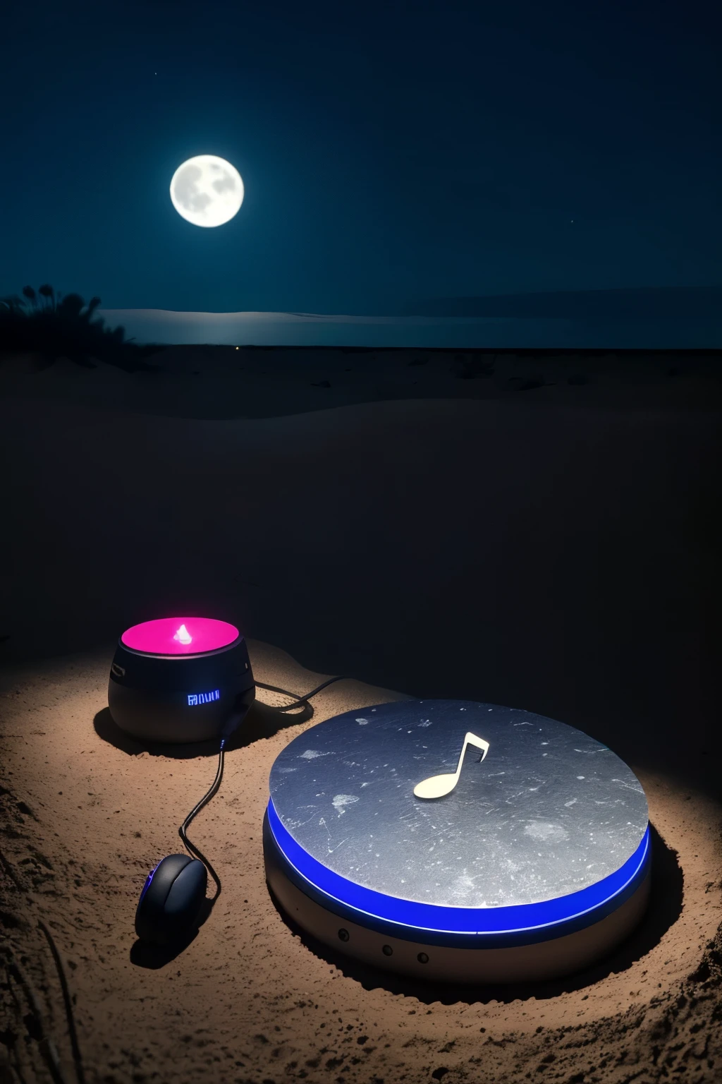 A photo in the desert, a dark night scene with dark blue lighting, showing a modern black headset on a charging base, next to it a modern phone displaying a music application on the screen.. In the background, the dark sky appears gradually blue with the moon and some faint night-blue lights on the horizon, with a pink rose on the sand.