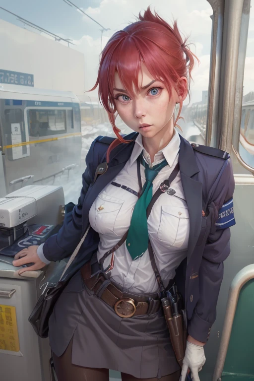 Best Quality, hight resolution, AOI1, 1girl in, Solo, Red hair, folded ponytail, Blue eyes, Skirt, neck tie, White Gloves, Police Uniform, Belt bag, Black pantyhose, Jacket, arm band, Large breasts, Cowboy Shot, Standing, Frustrated expression, Rape with seeds, Outdoors,be molested(Forced motherization rape by a rapist on the train and becomes pregnant）Anatomically contradictory inner human body depiction