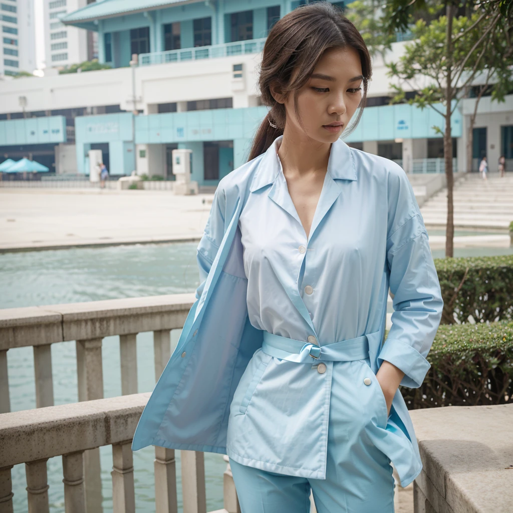 Female supermodel. Singapore Chinese. Singapore river, Singapore. Pastel blue doctor coat. White formal shirt. Pastel blue trousers. Close-up.