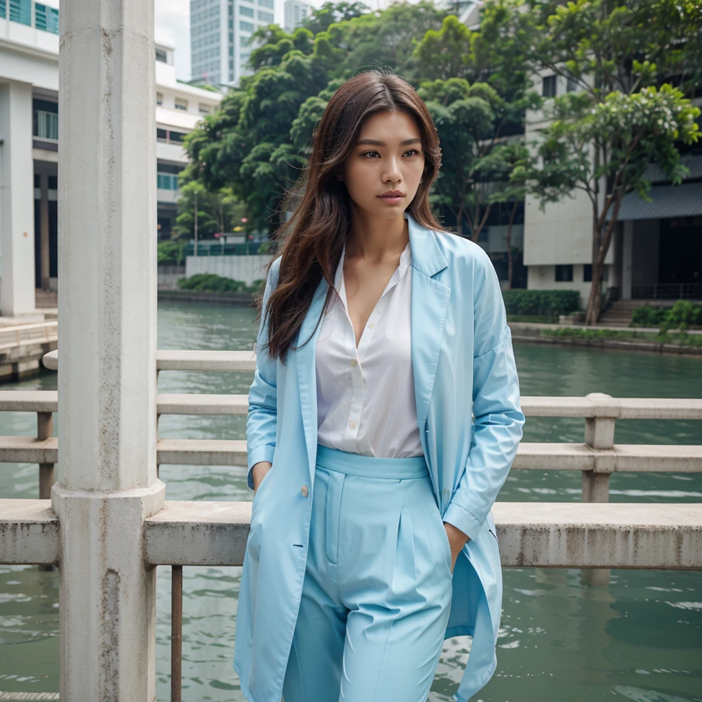 Female supermodel. Singapore Chinese. Singapore river, Singapore. Pastel blue doctor coat. White formal shirt. Pastel blue trousers. Close-up.