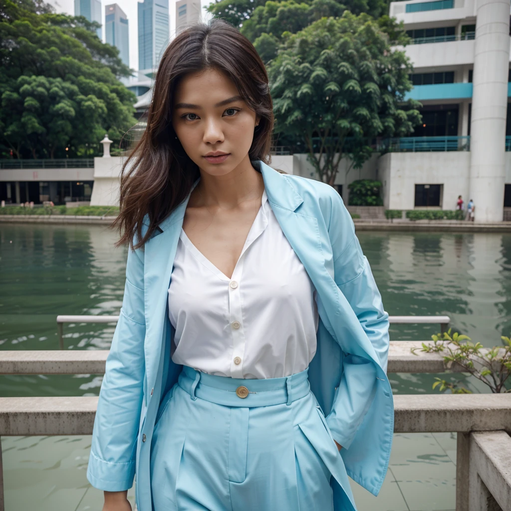 Female supermodel. Singapore Chinese. Singapore river, Singapore. Pastel blue doctor coat. White formal shirt. Pastel blue trousers. Close-up.