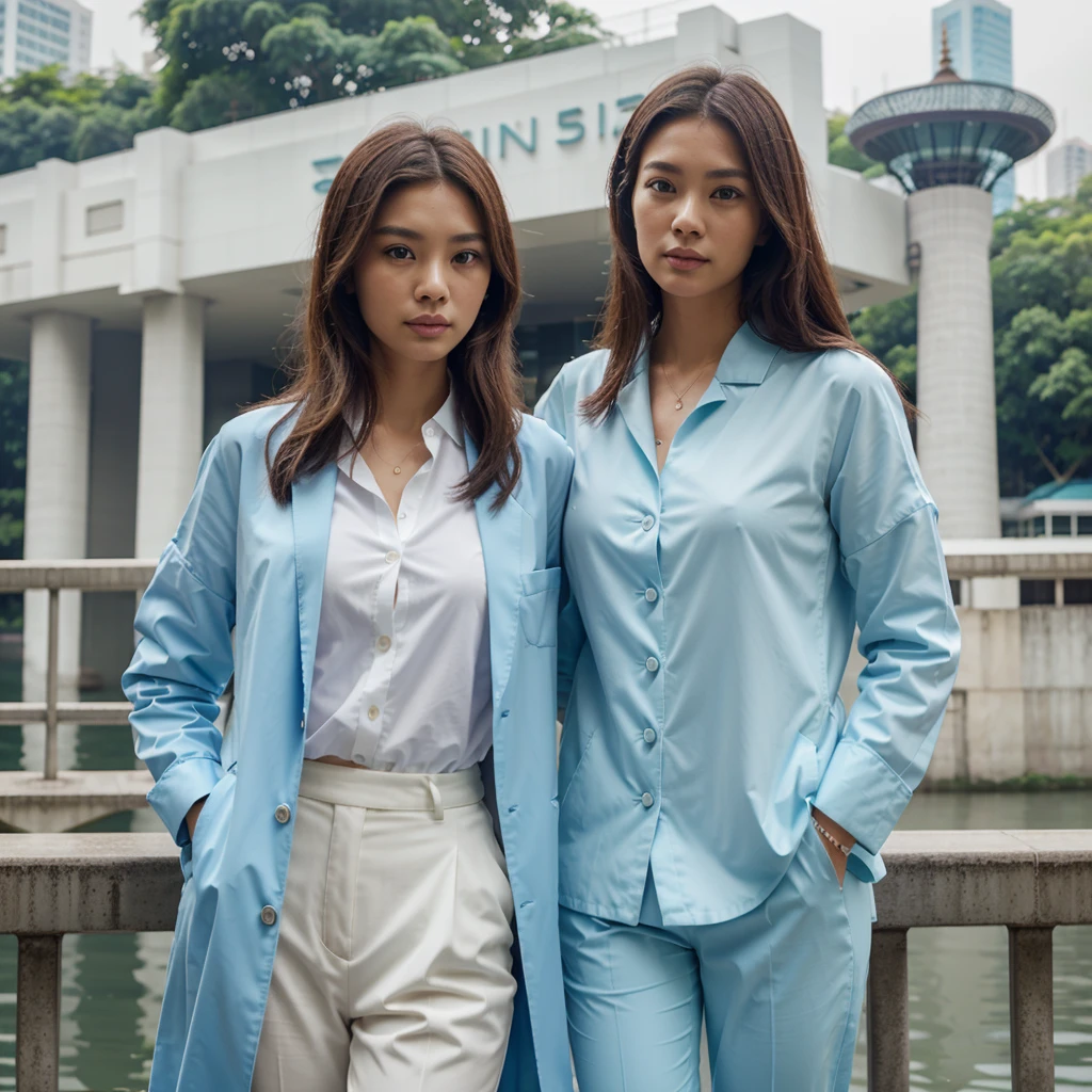 Female supermodel. Singapore Chinese. Singapore river, Singapore. Pastel blue doctor coat. White formal shirt. Pastel blue trousers. Close-up.