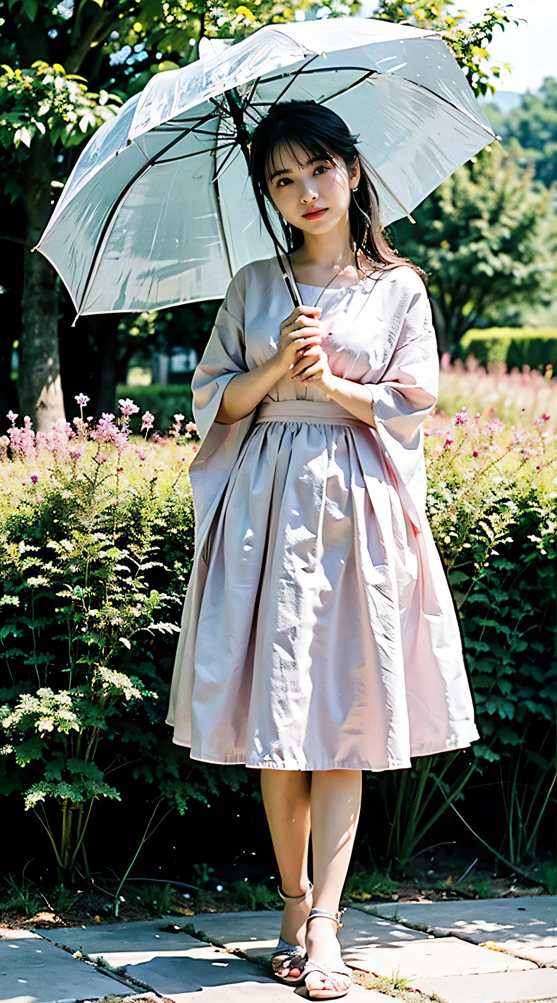 (8k、RAW Photos、highest quality、masterpiece:1.2)、(Realistic、Realistic)、1 girl、Dresses for summer、Holding an umbrella、Full body shot、Lots of eyelashes、Add shine to your eyelids、skeletally correct、Sweaty body、Beautifully trimmed fingertips、smile、Wet day、garden