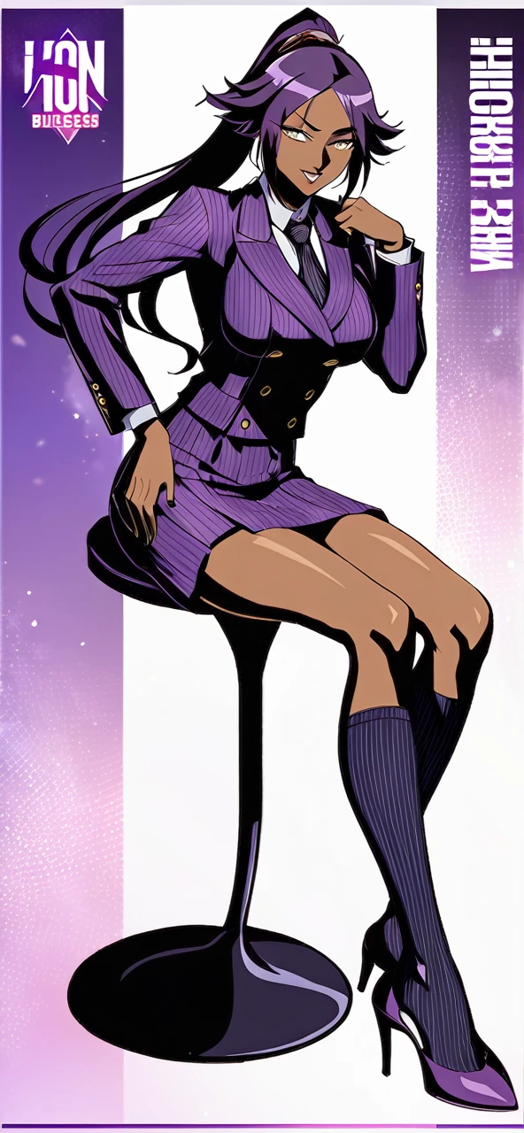  Full body Yoruichi as a thin Black business woman in a double breasted pinstripe purple  skirt suit while wearing a tie with a very long purple pinstripe skirt that covers the legs and with long black knee socks full art and make her sit down also give her thin legs and purple heels