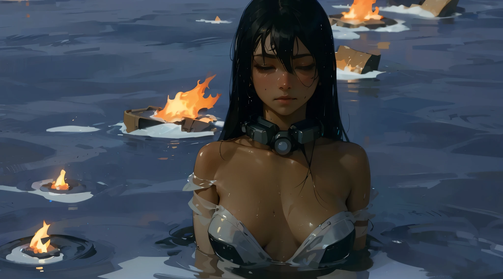 A highly detailed and ultra-realistic scene set in a calm body of water with patches of fire floating on the surface. In the foreground, a young woman is shown partially submerged in the water, with her eyes closed and an expression of serene calm on her face. She has dark brown skin and long, straight black hair that falls over her shoulders and slightly into the water. Her facial features are soft and delicate, with closed eyes and a relaxed mouth, indicating a sense of peace despite the chaotic surroundings.

She is wearing a white, shredded tactical suit that clings to her body, partially revealing her shoulders and chest. Around her neck, she has a pair of large, futuristic goggles, adding a unique element to her appearance. Her skin glistens with moisture, highlighting the realistic texture and the serene expression on her face.

In the background, the water is depicted with a deep blue hue, and there are several pieces of debris and floating objects on fire, creating a dramatic contrast. The flames cast a warm glow on the water’s surface, adding to the intensity of the scene. The overall atmosphere is a mix of tranquility and underlying tension, capturing the intricate details of the woman’s facial features, her wet hair, the tattered dress, and the dramatic, fiery environment around her