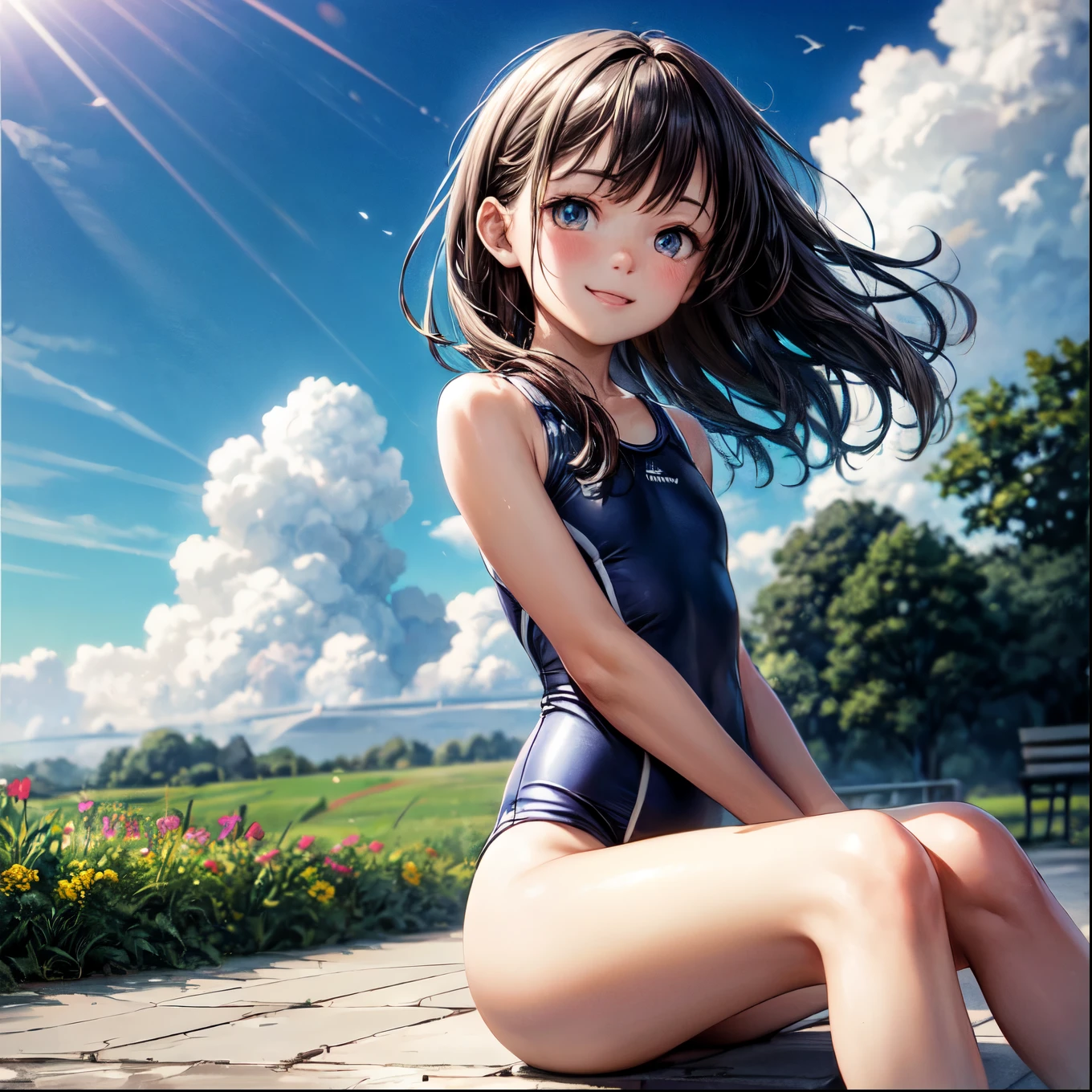 very cute and beautiful girl,Baby Face,,Very short stature: 1.3,Flat Chest: 1.4,Very thin thighs: 1.3,(Very beautiful face and eyes),(Blue school swimsuit), Sitting,Spread your legs,Place your arms behind your back,Show Viewer,Poolside,Meadow flowers,(smile),Black Hair, (highest quality,masterpiece:1.0),Absurd,High resolution,Very detailed,Very detailed,32k, Movie Scenes,Detailed Background,alone,Dynamic Angle, Hair blowing in the wind,Beautifully detailed skies,