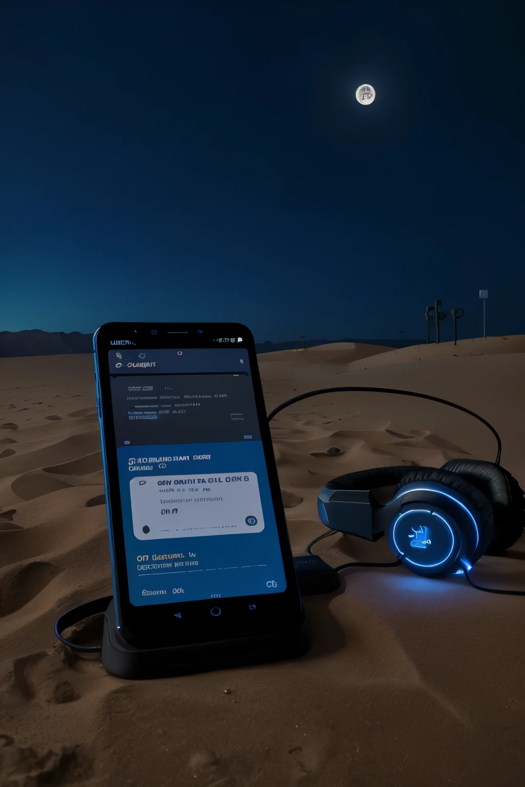 A photo in the desert, a dark night scene with dark blue lighting, showing a modern black headset on a charging base, next to it a modern phone displaying a music application on the screen.. In the background, the dark sky appears gradually blue with the moon and some faint night-blue lights on the horizon, with a pink rose on the sand.