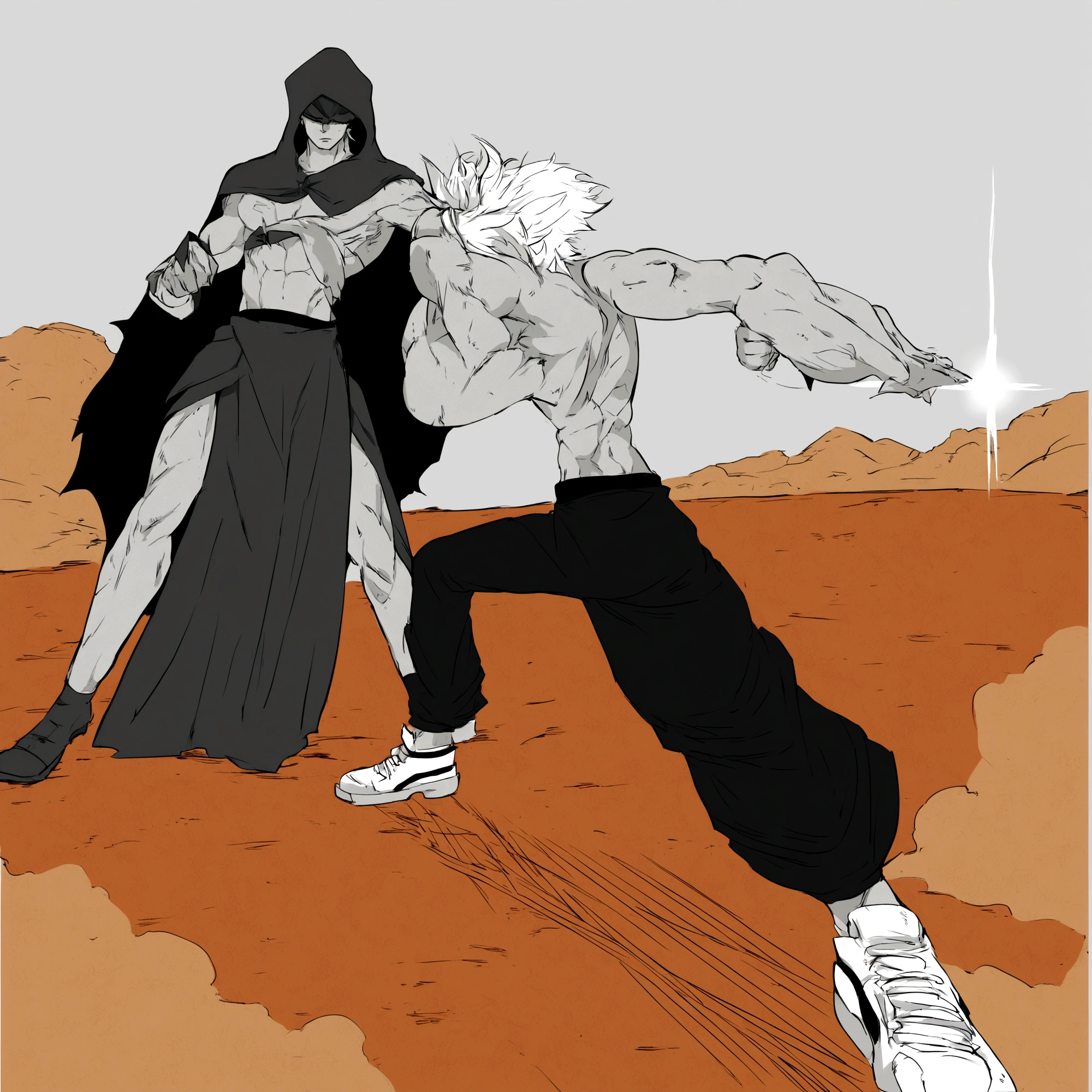 male boy, white hair, male boy fighting against a very fearsome enemy, manga style
