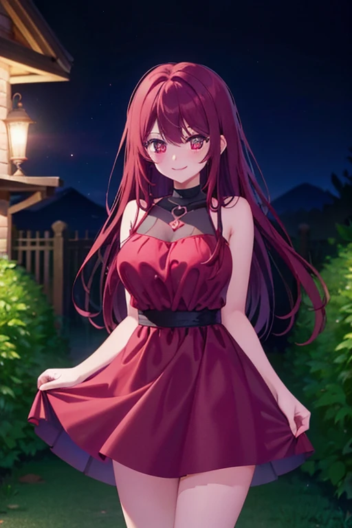 A red haired woman with red eyes with an hourglass figure in a cute summer dress is smiling while blushing in the backyard at night