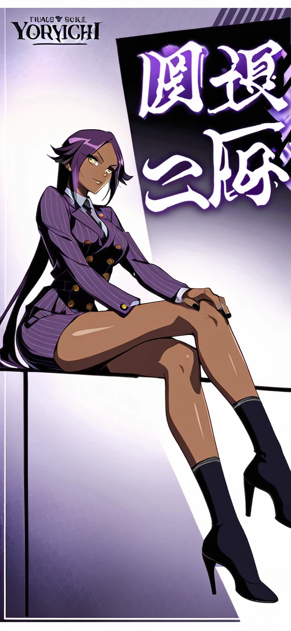  Full body Yoruichi as a thin Black business woman in a double breasted pinstripe purple  skirt suit while wearing a tie with a very long purple pinstripe skirt that covers the legs and with long black knee socks full art and make her sit down also give her thin legs and purple heels