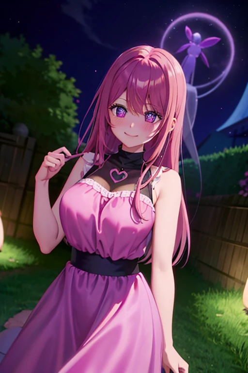 A pink haired woman with violet eyes with an hourglass figure in a cute summer dress is smiling while blushing in the backyard at night