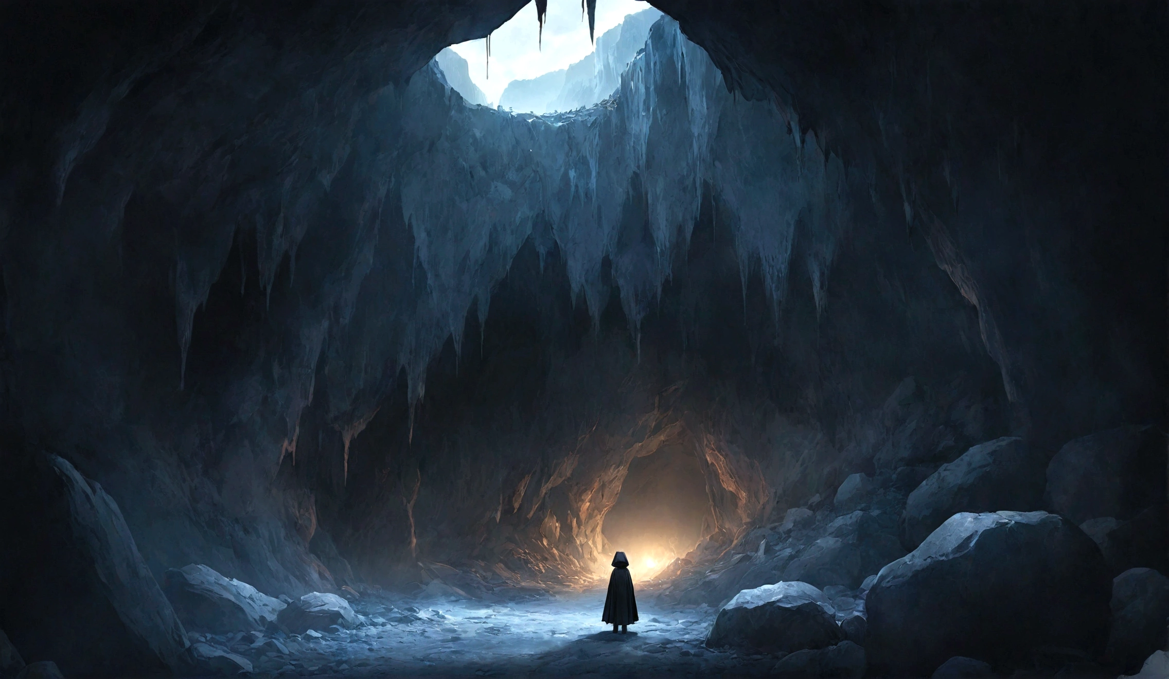 A dark, eerie cave with the faint sound of a child's voice echoing inside, creating a sense of dread and fear, Darth Montain, atmosfera escura, Horror story