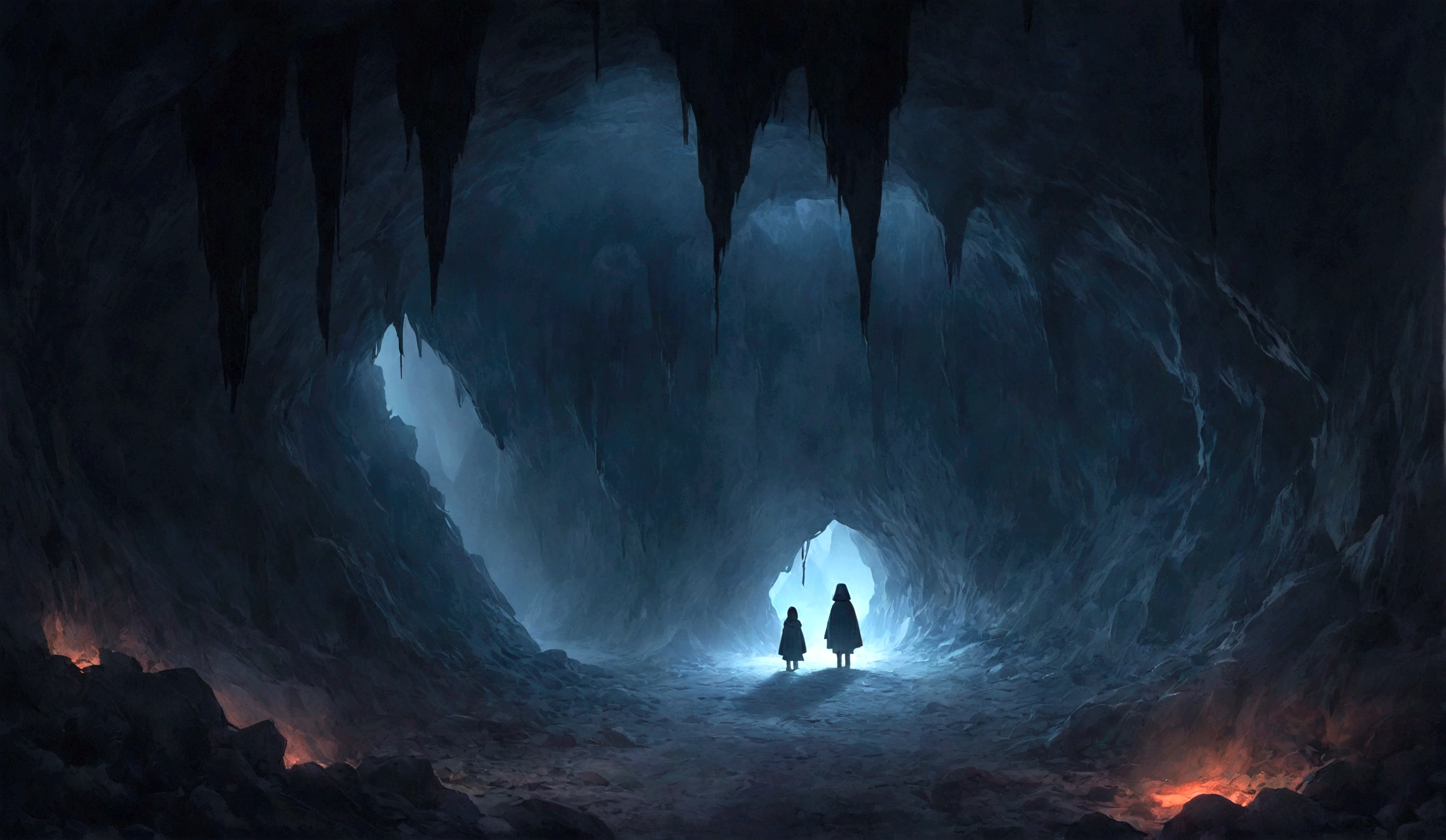 A dark, eerie cave with the faint sound of a child's voice echoing inside, creating a sense of dread and fear, Darth Montain, atmosfera escura, Horror story