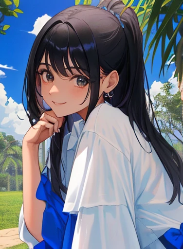 , 14 years, linda, cabello negro largo, ojo azules, pechos grandes, estatura mediana, sonrisa, ropa linda, campo, camisa blanca, vestido azul oscuro, viendo al espectador.