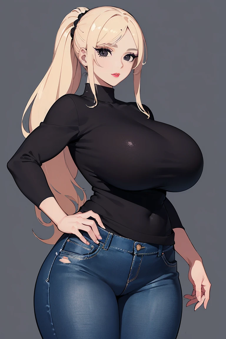 (Uhd, Masterpiece, Textured Skin, Super Detail, High Details, High Quality, Best Quality), Detailed Face, 1woman, mature pretty woman:1.5, curvy, cowboy shot, (gigantic breasts:1.4), Blonde hair tied up, (Black sweater shirt), jeans, (Huge Body), (Hair tied up with side bangs)