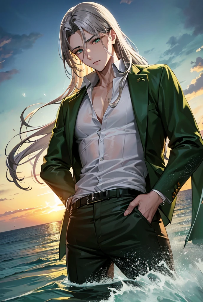 20-year-old boy with very light gray hair, long hair, white skin, thin. Golden amber eyes, with fine features. Fine face, beautiful face. With a worn, wet and transparent green shirt, collarless green shirt. With your gaze upward. Inside the sea, floating in the water, crystal clear water, sunset. (Accompanied by another 25-year-old boy, with dark hair, a prince's suit, tall, with sharp eyes, who hugs him possessively.)