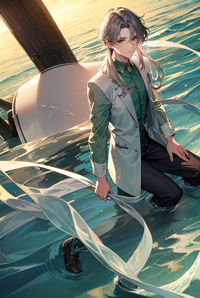 20-year-old boy with very light gray hair, long hair, white skin, thin. Golden amber eyes, with fine features. Fine face, beautiful face. With a worn, wet and transparent green shirt, collarless green shirt. With your gaze upward. Inside the sea, floating in the water, crystal clear water, sunset. (Accompanied by another 25-year-old boy, with dark hair, a prince's suit, tall, with sharp eyes, who hugs him possessively.)