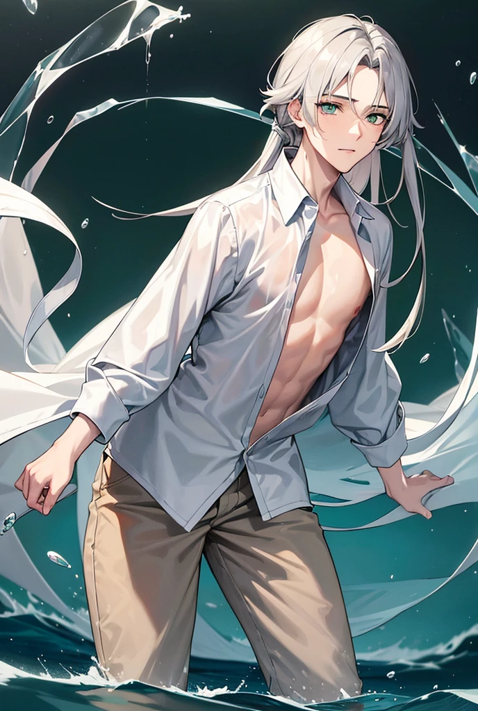 20-year-old boy with very light gray hair, long hair, white skin, thin. Golden amber eyes, with fine features. Fine face, beautiful face. With a worn, wet and transparent green shirt, collarless green shirt. With your gaze upward. Inside the sea, floating in the water, crystal clear water, sunset. (Accompanied by another 25-year-old boy, with dark hair, a prince's suit, tall, with sharp eyes, who hugs him possessively.)