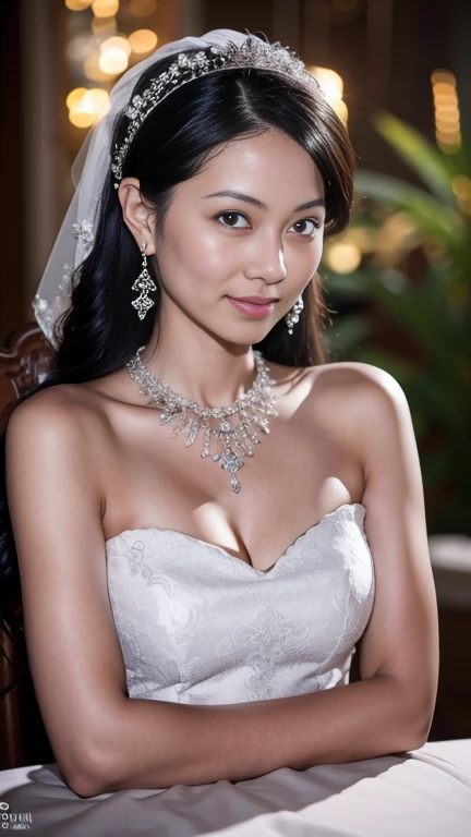 best quality, masterpiece, highres, 1girl,china wedding dress,hair ornament,necklace, jewelry,Beautiful face,upon_body, tyndall effect,photorealistic, dark studio, rim lighting, two tone lighting,(high detailed skin:1.2), 8k uhd, dslr, soft lighting, high quality, volumetric lighting, candid, Photograph, high resolution, 4k, 8k, Bokeh