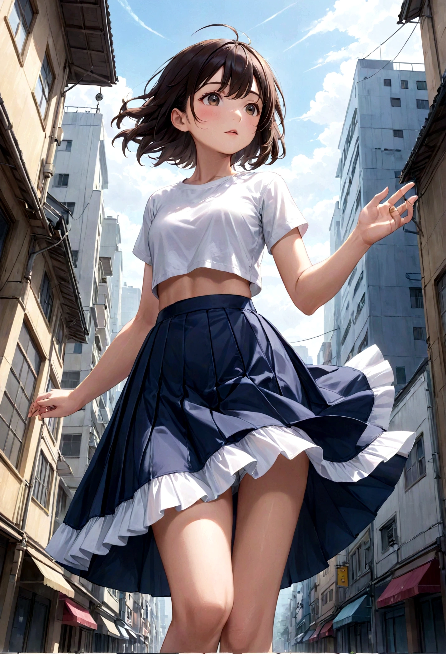 Low - Angle、Long skirt、強WindでHolding the flipping skirt with your hand、強WindでWhite cotton pantiesが見えている、:((Holding the flipping skirt with your hand))Low - Angle8Kで、highest quality、masterpiece、Ultra-detailed、Ultra-high resolution、Anime Style、1. High school girl、強Wind、((Holding the flipping skirt with your hand))、(impatient)White cotton panties:1.5), (Wind:1.25), (highest quality:1.0), (masterpiece:1.0), (Ultra-fine illustrations:1.0), ネイビーブルーのLong skirt、
、Lined、