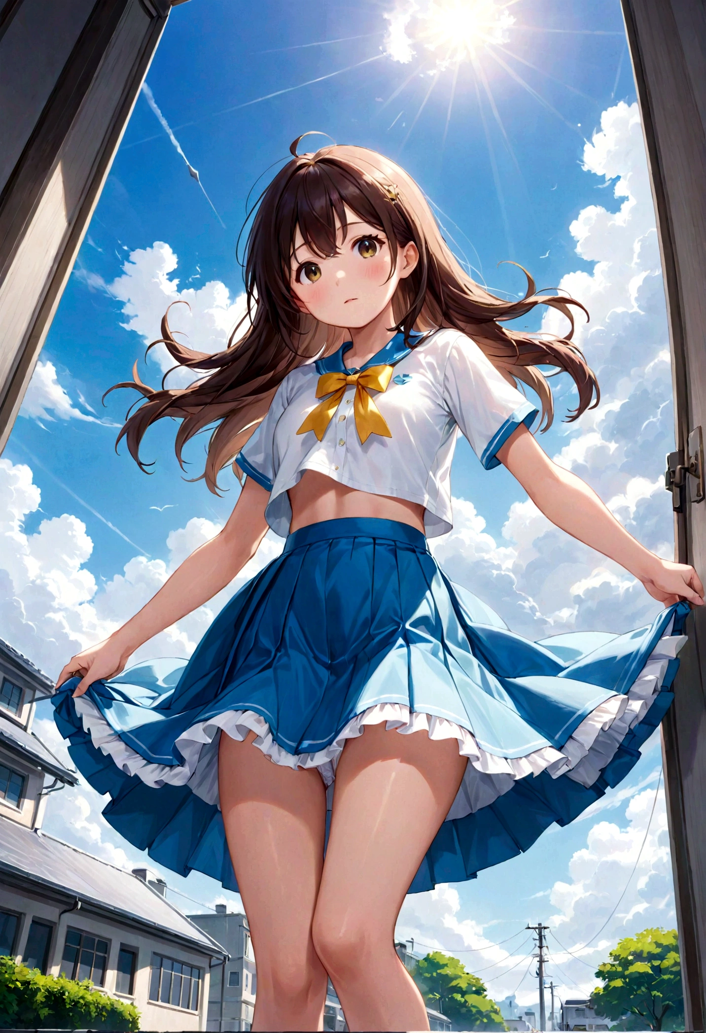 Low - Angle、Long skirt、強WindでHolding the flipping skirt with your hand、強WindでWhite cotton pantiesが見えている、:((Holding the flipping skirt with your hand))Low - Angle8Kで、highest quality、masterpiece、Ultra-detailed、Ultra-high resolution、Anime Style、1. High school girl、強Wind、((Holding the flipping skirt with your hand))、(impatient)White cotton panties:1.5), (Wind:1.25), (highest quality:1.0), (masterpiece:1.0), (Ultra-fine illustrations:1.0), ネイビーブルーのLong skirt、
、Lined、