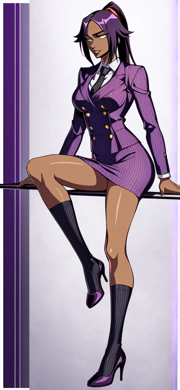 Full body Yoruichi as a thin Black business woman in a double breasted pinstripe purple skirt suit while wearing a tie with a very long purple pinstripe skirt that covers the legs and with long black knee socks full art and make her sit down also give her thin legs and purple heels