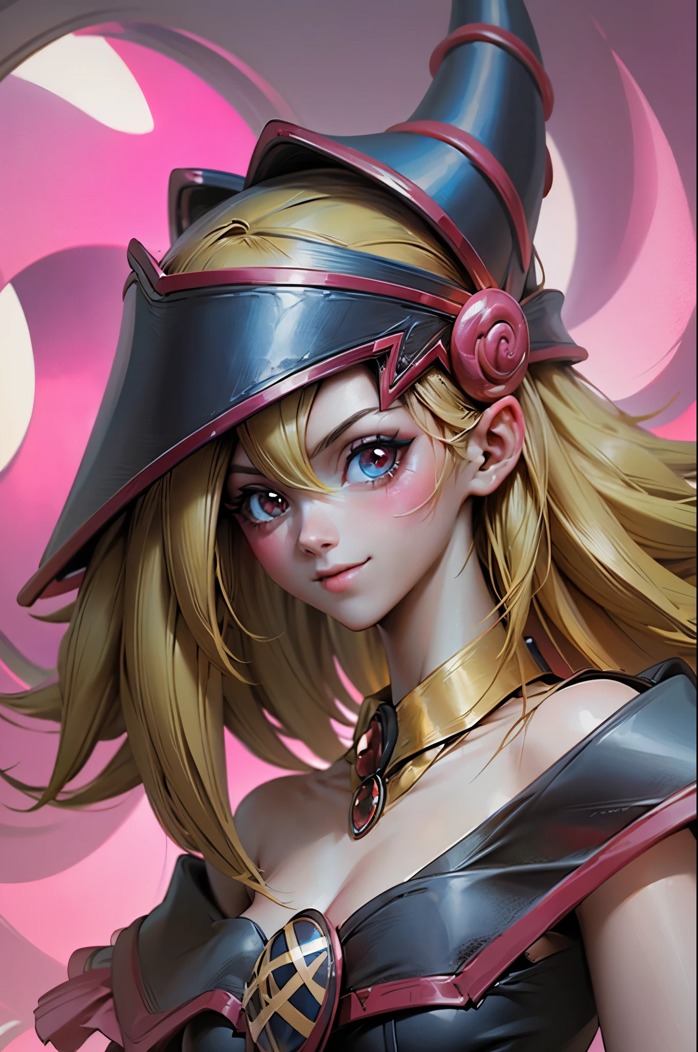 Crea el hermoso rostro de dark magician gils. Ojos azules. Labios rosados. Tes blanca. Cabello rubio. girl smile. Hombros destapados. Collar en el cuello. Rostro de dark magician gils