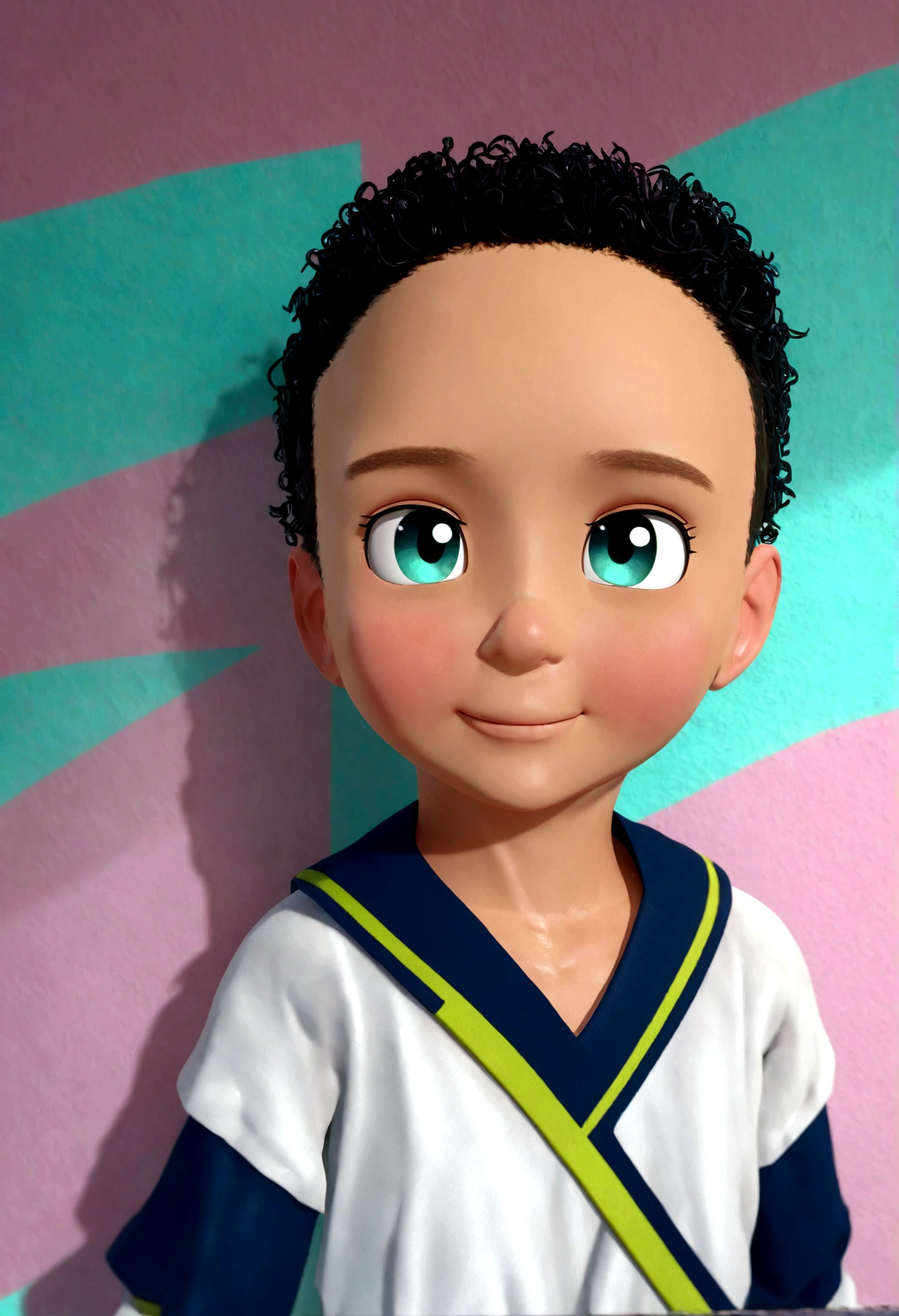 um garoto feliz e fofo com cabelo curto, vestindo uma fantasia espacial, , fundo branco, the , tom, Estilo Pixar, ..3d, desenhos animados, rosto detalhado, asymmetric 16k