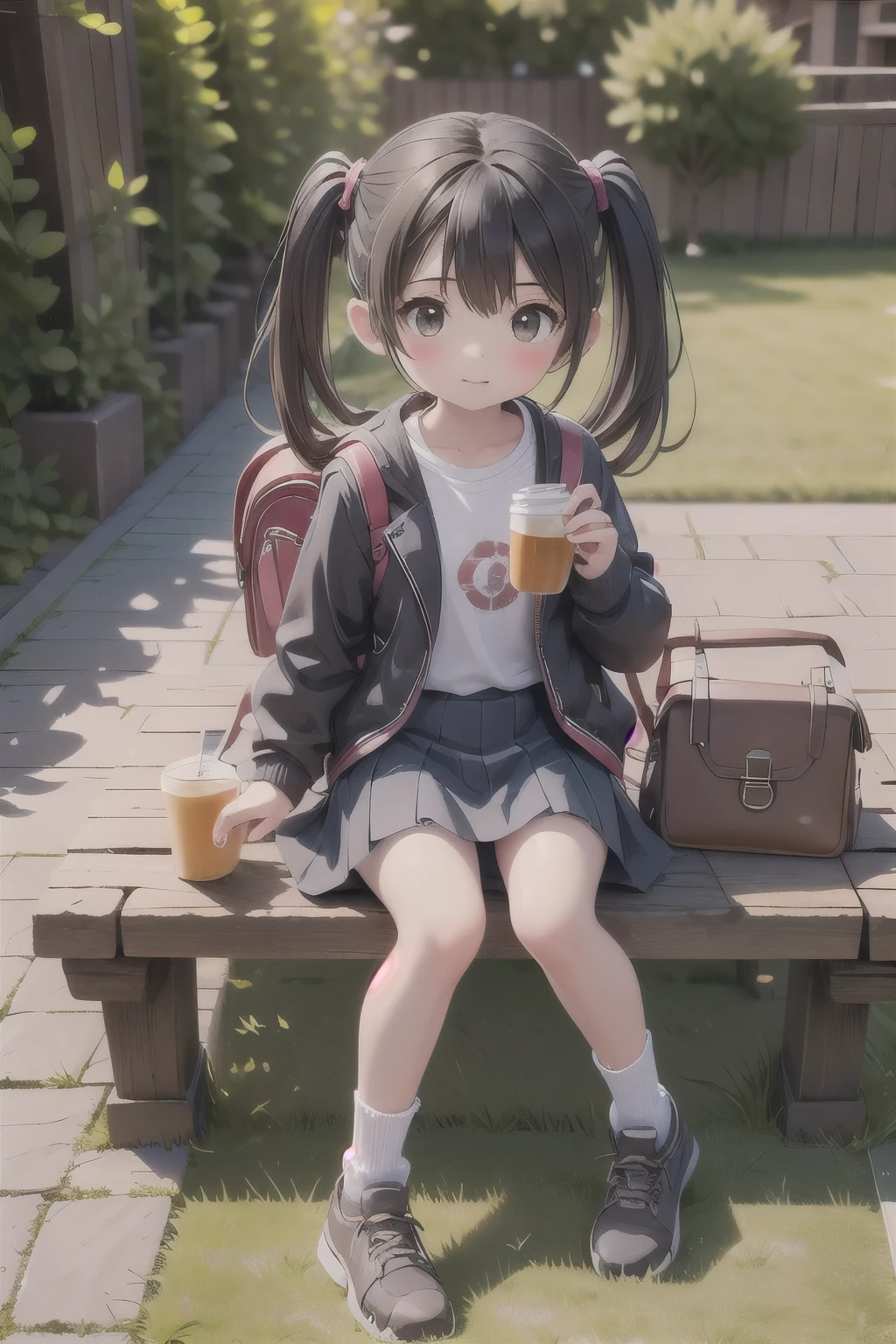 masterpiece,highest quality,One Girl,alone,Backpack,drinking,bag,Twin tails,Sitting,Black Hair,waist clothes,Brown eyes,Outdoor,mini skirt,drinking straw,socks,Jacket around waist,Jacket,Day焼け,Ground vehicles,cup,drink,Long Hair,Day,scenery,Brown Hair,bench,Power lines,Grass,a bit,Hamburger paper bag,
