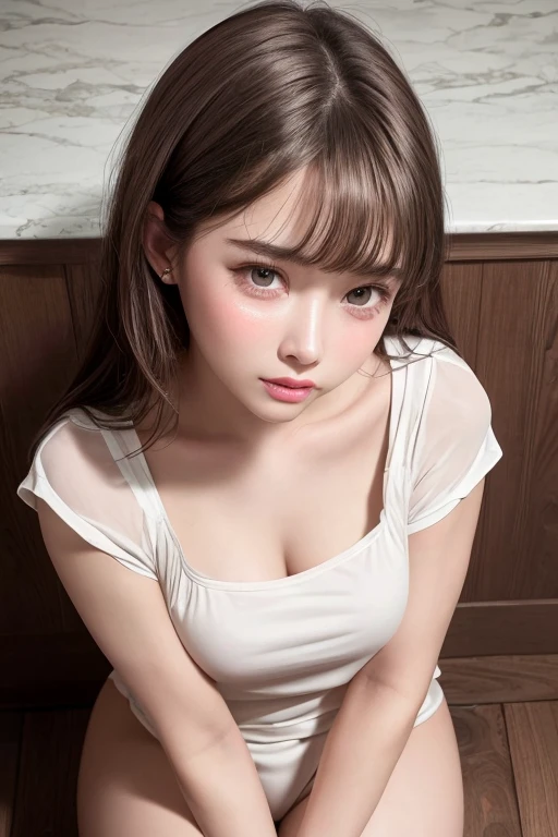 8K, highest quality, masterpiece, Ultra-high resolution, Top view, Close-up, One girl, Apply blush all over the face, (Heavy breathing), White Breath, (Contorting the mouth), (Tears), Sitting, Camisole blouse