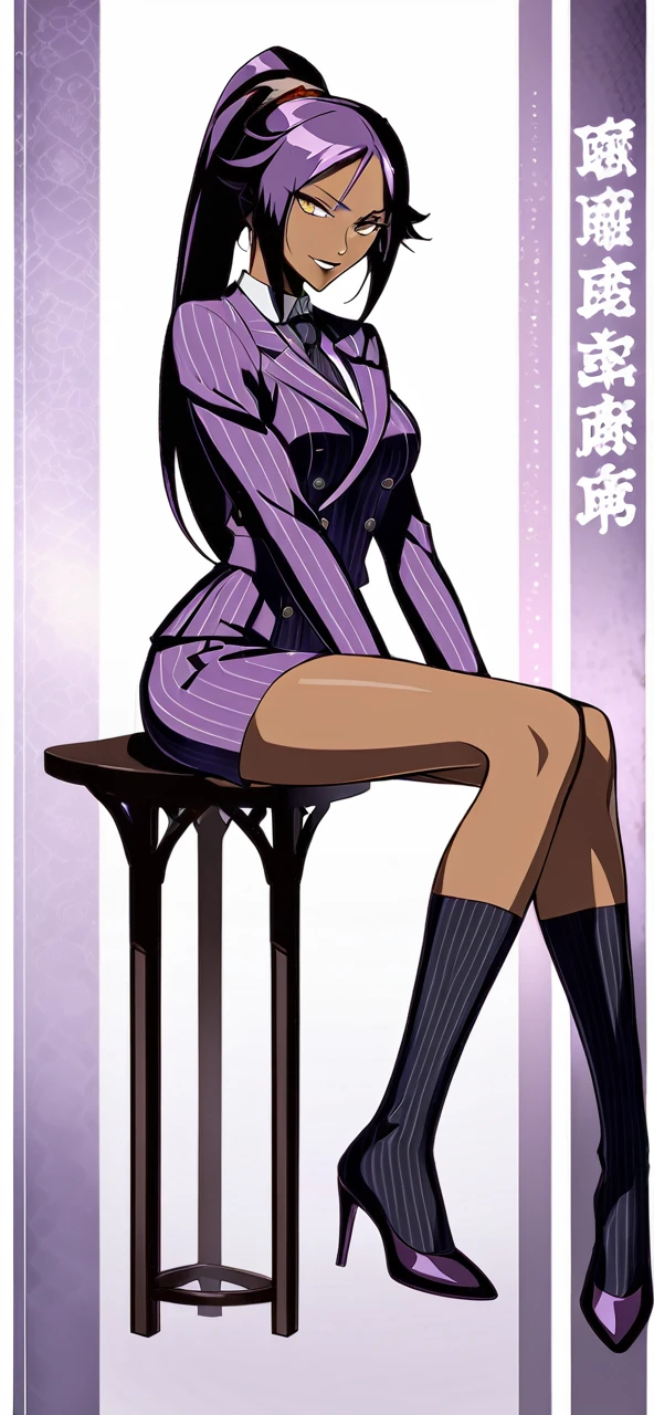 Full body Yoruichi as a thin Black business woman in a double breasted pinstripe purple skirt suit while wearing a tie with a very long purple pinstripe skirt that covers the legs and with long black knee socks full art and make her sit down also give her thin legs and purple heels