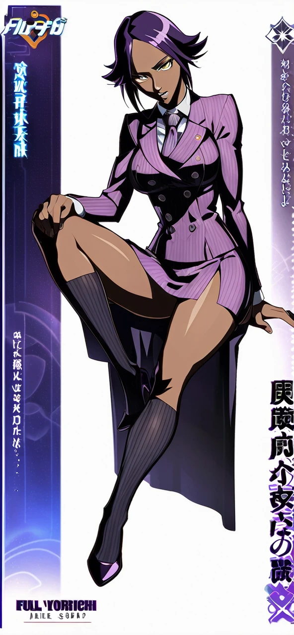 Full body Yoruichi as a thin Black business woman in a double breasted pinstripe purple skirt suit while wearing a tie with a very long purple pinstripe skirt that covers the legs and with long black knee socks full art and make her sit down also give her thin legs and purple heels