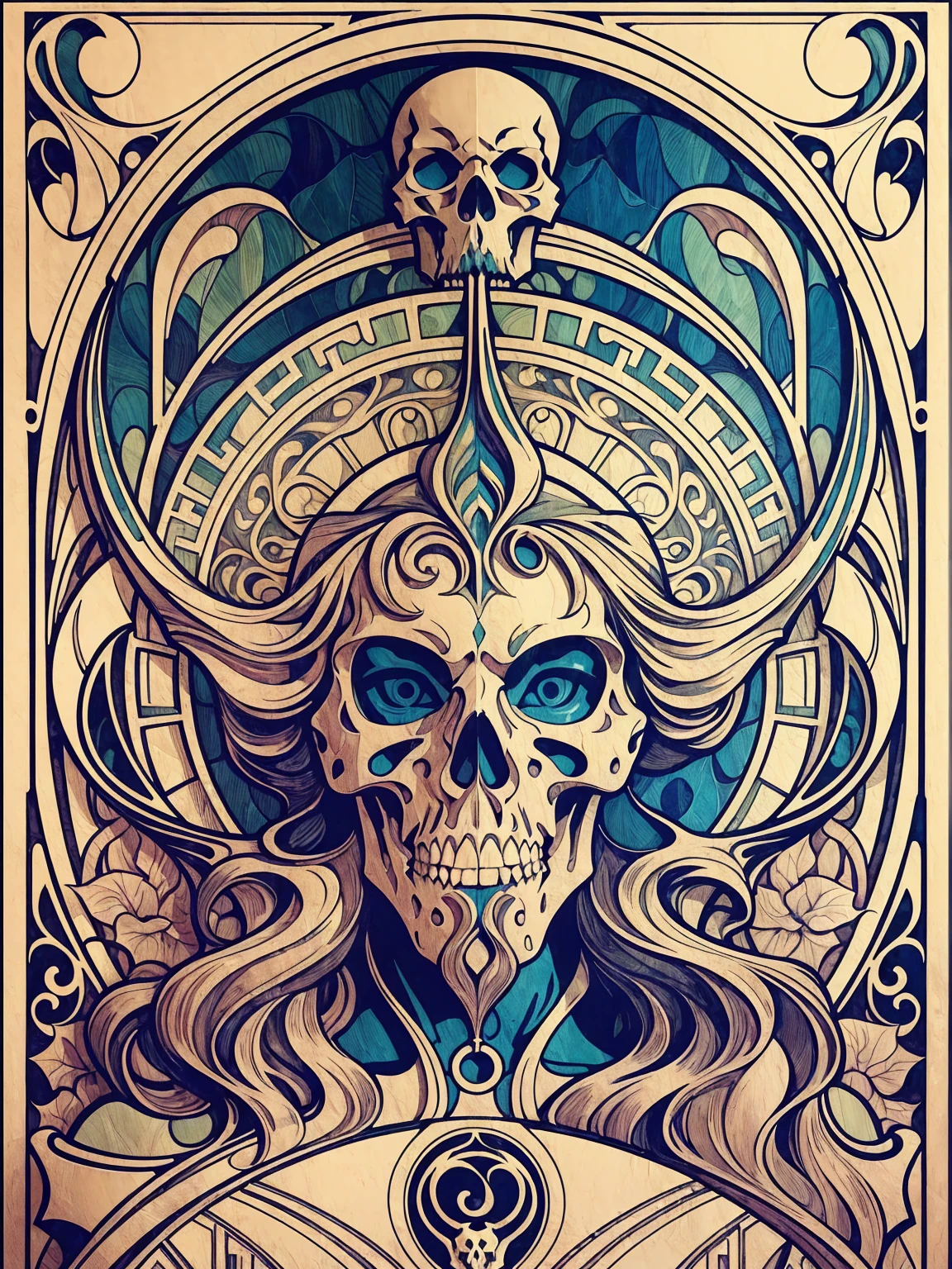 ((Art Nouveau Style)); Stone Cold Steve Austin Skull; symmetrical with thick lines, Fibonacci, golden ratio, 3D metal structure tessellation, neural graphic, neurons, color, love, passion, incredibly detailed, 8k, masterpiece, artstation, surreal
