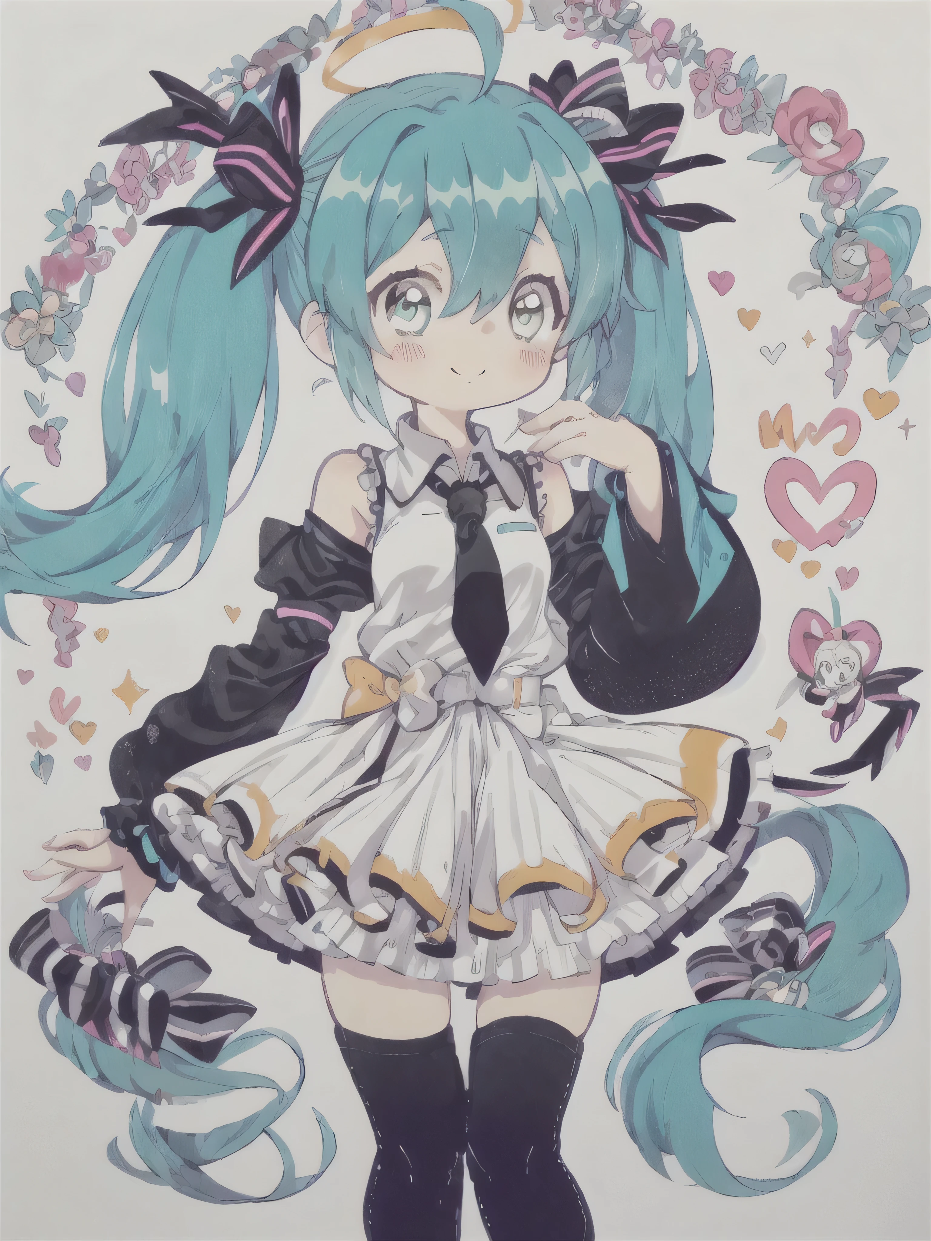 1girl, hatsune miku, solo, necktie, skirt, detached sleeves, twintails, chibi, smile, aqua hair, black skirt, aqua eyes, ssleeveless shirt, smile, full body, ahoge, pleated skirt, thighhighs, heart, aqua necktie, blush, hair bow, white shirt, bare shoulders, bow, boots, black sleeves, standing, striped, striped ribbon, sparkle, collared shirt, miniskirt,white background, 