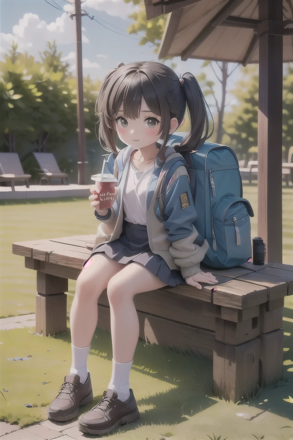 masterpiece,highest quality,One Girl,alone,Backpack,drinking,bag,Twin tails,Sitting,Black Hair,waist clothes,Brown eyes,Outdoor,mini skirt,drinking straw,socks,Jacket around waist,Jacket,Day焼け,Ground vehicles,cup,drink,Long Hair,Day,scenery,Brown Hair,bench,Power lines,Grass,a bit,Hamburger paper bag,