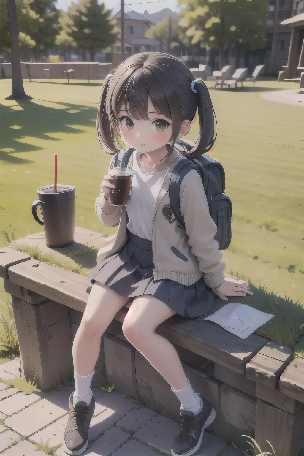 masterpiece，highest quality，One Girl，alone,Backpack，drinking，bag，Twin tails，Sitting，Black Hair，waist clothes，Brown eyes，Outdoor，mini skirt，drinking straw，socks，Jacket around waist，Jacket，Day焼け，Ground vehicles，cup，drink，Long Hair，Day，scenery，Brown Hair，bench，Power lines，Grass，a bit，Hamburger paper bag，