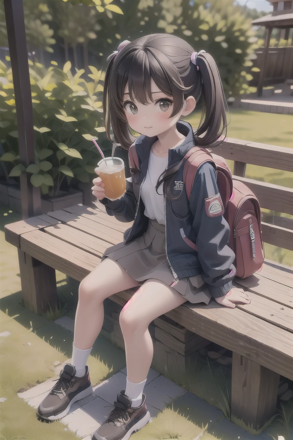 masterpiece,highest quality,One Girl,alone,Backpack,drinking,bag,Twin tails,Sitting,Black Hair,waist clothes,Brown eyes,Outdoor,mini skirt,drinking straw,socks,Jacket around waist,Jacket,Day焼け,Ground vehicles,cup,drink,Long Hair,Day,scenery,Brown Hair,bench,Power lines,Grass,a bit,Hamburger paper bag,