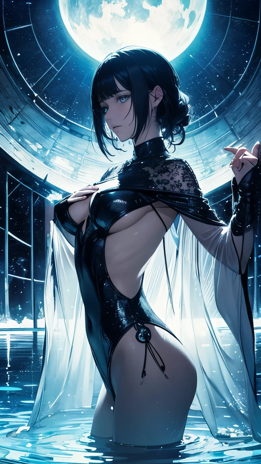 Harry Clarke, Etienne Delessert, Mance Post, Johanna Schaible, Karl Walser, Emmanuelle Houdart, Takei Takeo, Philippe Robert, Surrealism Mysterious Weird Fantastic Fantasy Sci-fi, Japanese Anime Beautiful Girl Swimming in the Bright Darkness, perfect voluminous body, Classroom, detailed masterpiece Hyper realistic sharp focus cinematic lighting coquettish looking at viewer zoom in