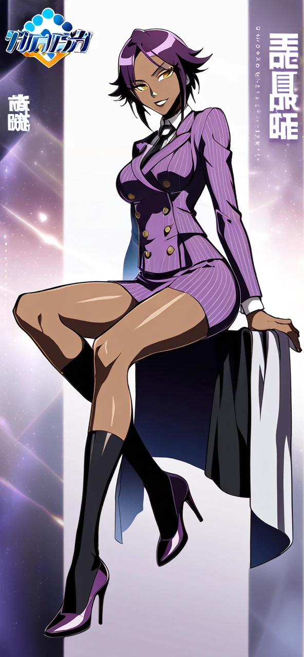 Full body Yoruichi as a thin Black business woman in a double breasted pinstripe purple skirt suit while wearing a tie with a very long purple pinstripe skirt that covers the legs and with long black knee socks full art and make her sit down also give her thin legs and purple heels