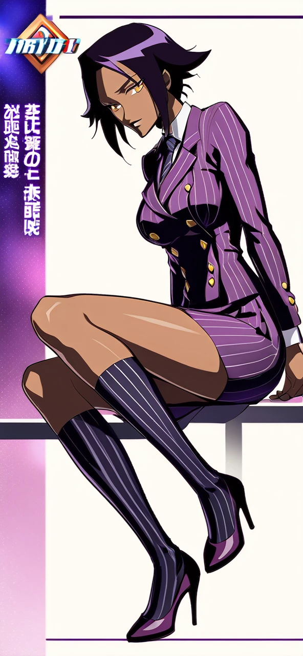  Full body Yoruichi as a thin Black business woman in a double breasted pinstripe purple  skirt suit while wearing a tie with a very long purple pinstripe skirt that covers the legs and with long black knee socks full art and make her sit down also give her thin legs and purple heels