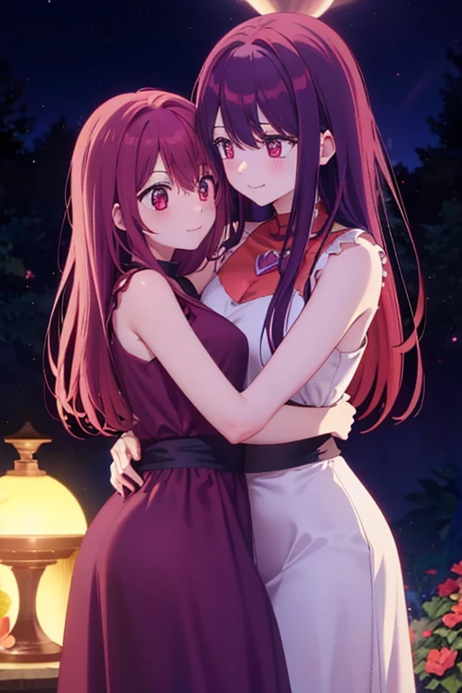 A red haired woman with red eyes with an hourglass figure in a cute summer dress is hugging a pink haired woman with violet eyes with an hourglass figure in the backyard at night
