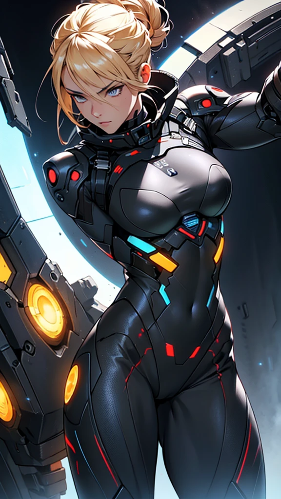 Beautiful cybernetic girl in black mobile cybernetic battle suit detailed muscles realistic masterpieces full figure pose (best quality,ultra-detailed), blonde-hair with updo, hazel eyes, fair skin, fit body, slim figure, narrow waist, large buttocks, (cocky expression), wearing full black cybernetic battle spacesuit